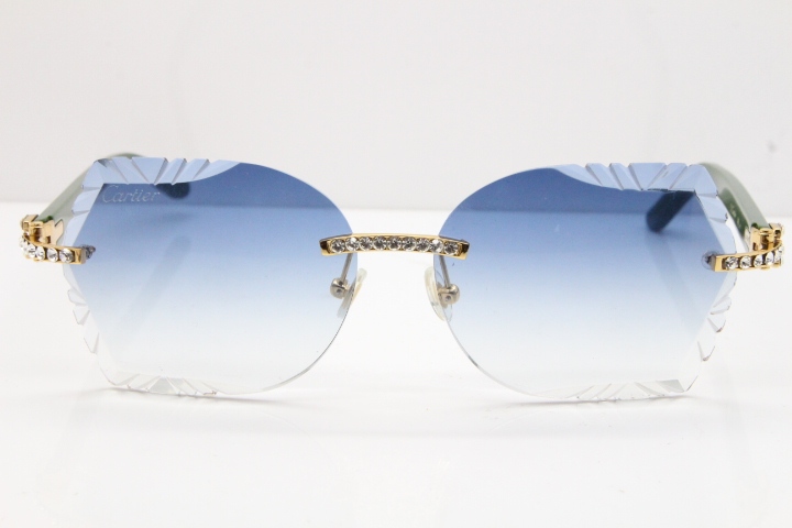 Cartier Rimless T8200762 Big Diamond Green Aztec Arms Sunglasses In Gold Blue Lens