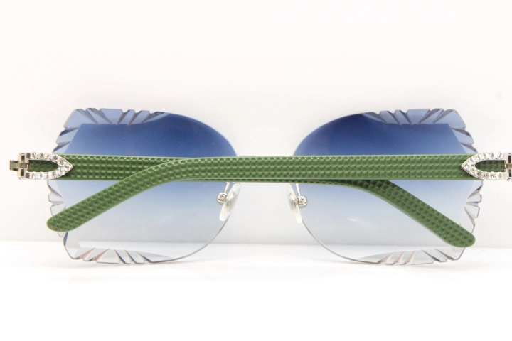 Cartier Rimless T8200762 Big Diamond Green Aztec Arms Sunglasses In Gold Blue Lens