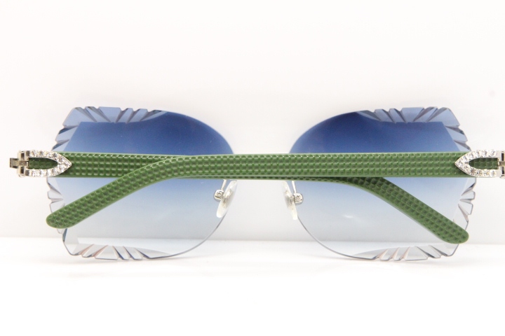 Cartier Rimless T8200762 Big Diamond Green Aztec Arms Sunglasses In Gold Blue Lens