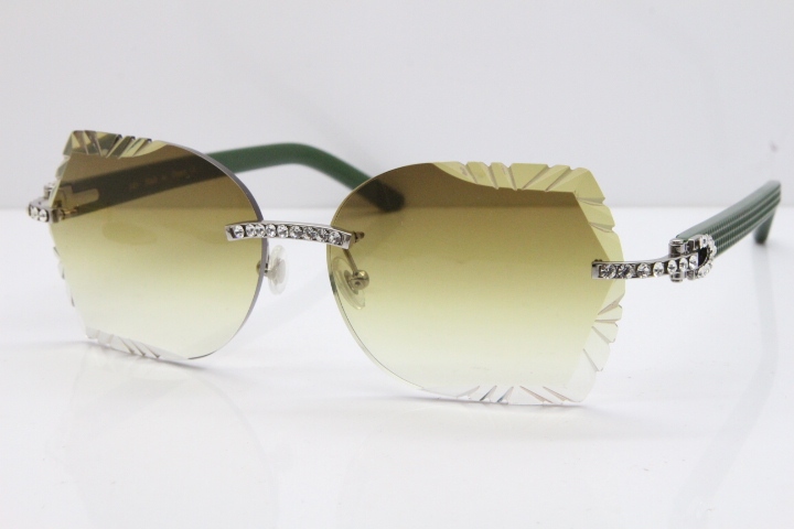 Cartier Rimless T8200762 Big Diamond Green Aztec Arms Sunglasses In Gold Brown Lens