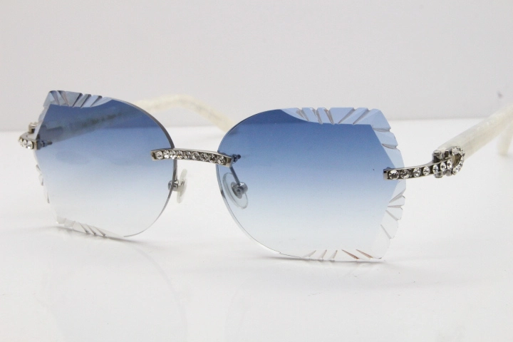 Cartier Rimless T8200762 Big Diamond Marble White Aztec Arms Sunglasses In Gold Blue Lens