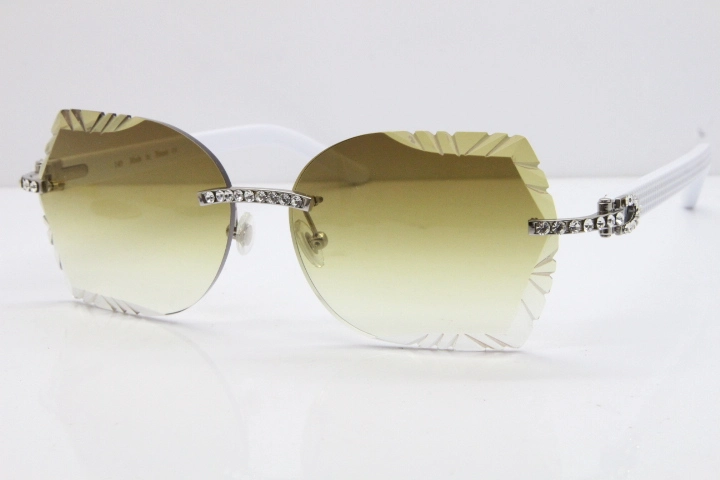 Cartier Rimless T8200762 Big Diamond White Aztec Arms Sunglasses In Gold Brown Lens