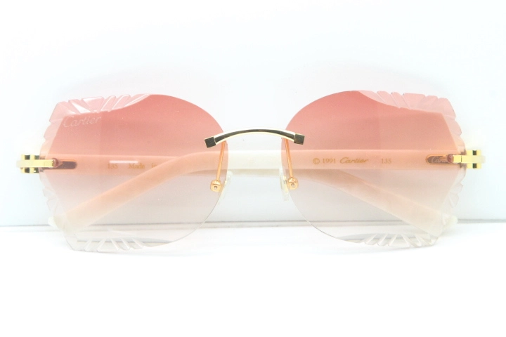 Cartier Rimless T8200762  White Aztec Arms Sunglasses In Gold Pink Lens 