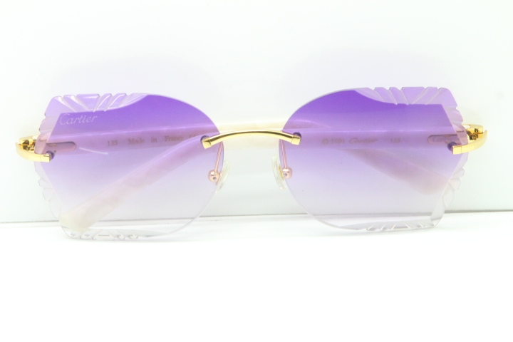 Cartier Rimless T8200762 White Aztec Arms Sunglasses In Gold Purple Lens 