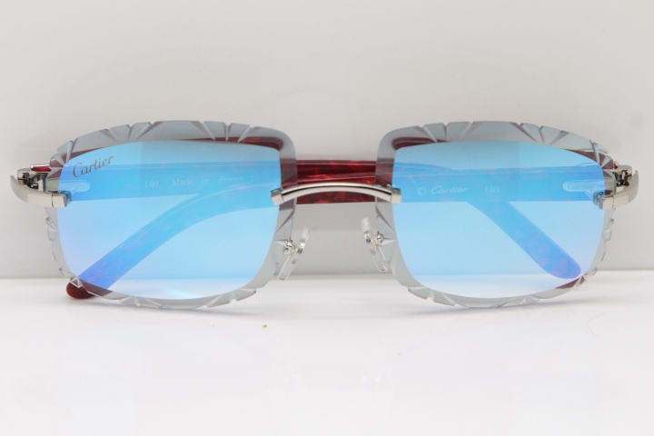 Cartier Rimless 8300816 Marble Red Aztec Arms Sunglasses In Gold Blue Mirrow Lens