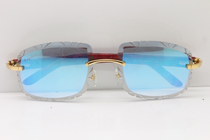 Cartier Rimless 8300816 Marble Red Aztec Arms Sunglasses In Gold Blue Mirrow Lens