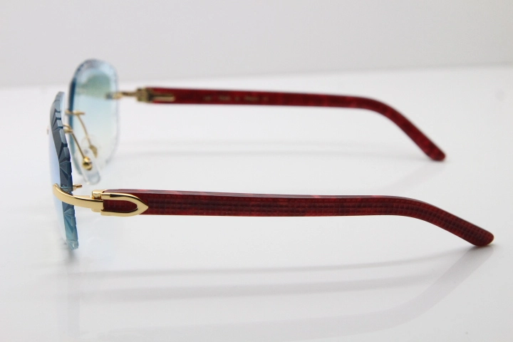 Cartier Rimless 8300816 Marble Red Aztec Arms Sunglasses In Gold Blue Mirrow Lens