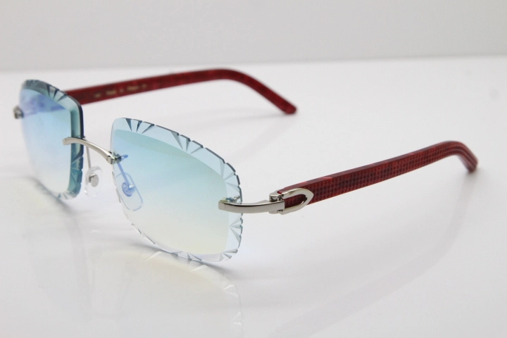 Cartier Rimless 8300816 Marble Red Aztec Arms Sunglasses In Gold Blue Mirrow Lens