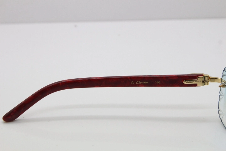 Cartier Rimless 8300816 Marble Red Aztec Arms Sunglasses In Gold Blue Mirrow Lens