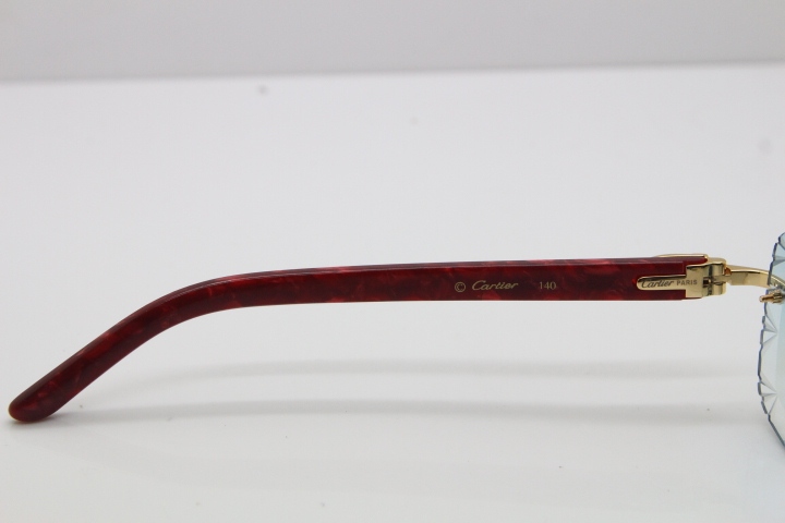 Cartier Rimless 8300816 Marble Red Aztec Arms Sunglasses In Gold Blue Mirrow Lens