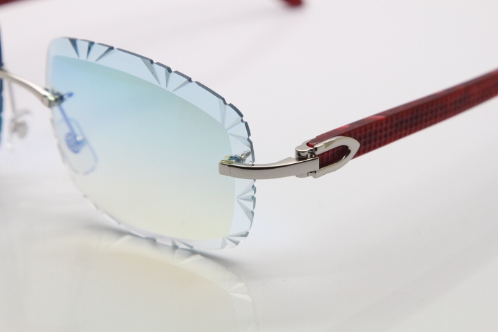 Cartier Rimless 8300816 Marble Red Aztec Arms Sunglasses In Gold Blue Mirrow Lens