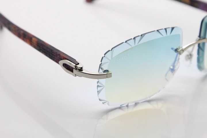 Cartier Rimless 8300816 Marble Purple Aztec Arms Sunglasses In Gold Blue Mirror Lens