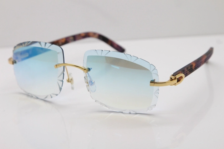 Cartier Rimless 8300816 Marble Purple Aztec Arms Sunglasses In Gold Blue Mirror Lens