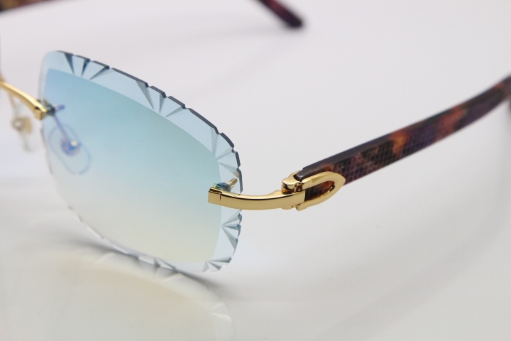 Cartier Rimless 8300816 Marble Purple Aztec Arms Sunglasses In Gold Blue Mirror Lens