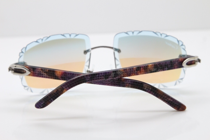 Cartier Rimless 8300816 Marble Purple Aztec Arms Sunglasses In Gold Blue Mirror Lens