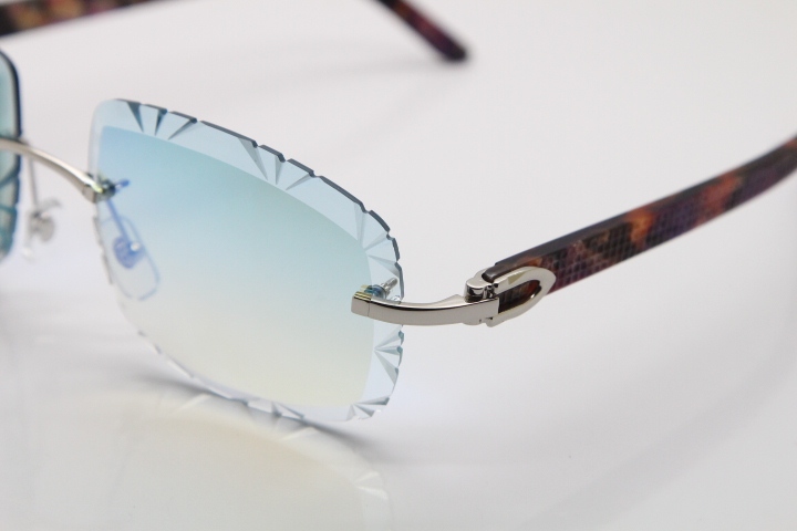 Cartier Rimless 8300816 Marble Purple Aztec Arms Sunglasses In Gold Blue Mirror Lens