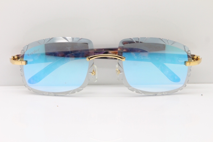 Cartier Rimless 8300816 Marble Purple Aztec Arms Sunglasses In Gold Blue Mirror Lens