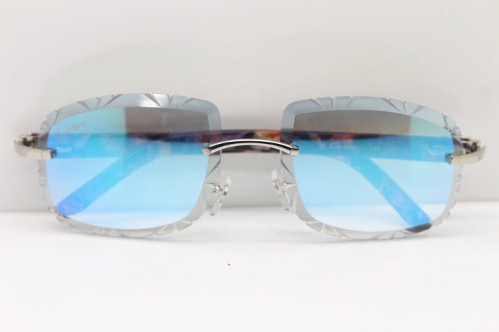 Cartier Rimless 8300816 Marble Purple Aztec Arms Sunglasses In Gold Blue Mirror Lens