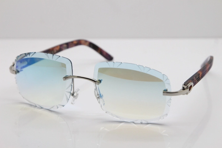 Cartier Rimless 8300816 Marble Purple Aztec Arms Sunglasses In Gold Blue Mirror Lens