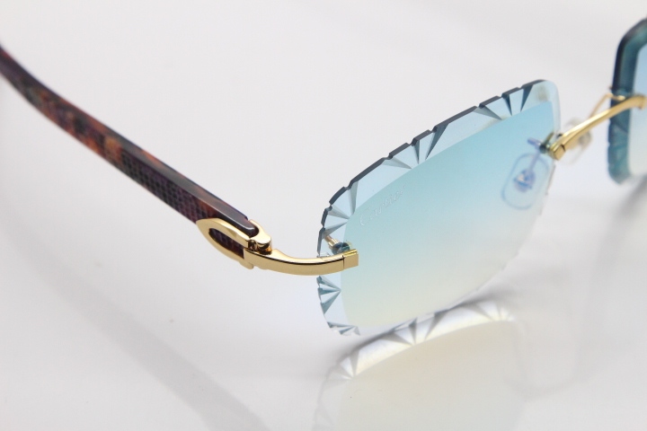 Cartier Rimless 8300816 Marble Purple Aztec Arms Sunglasses In Gold Blue Mirror Lens