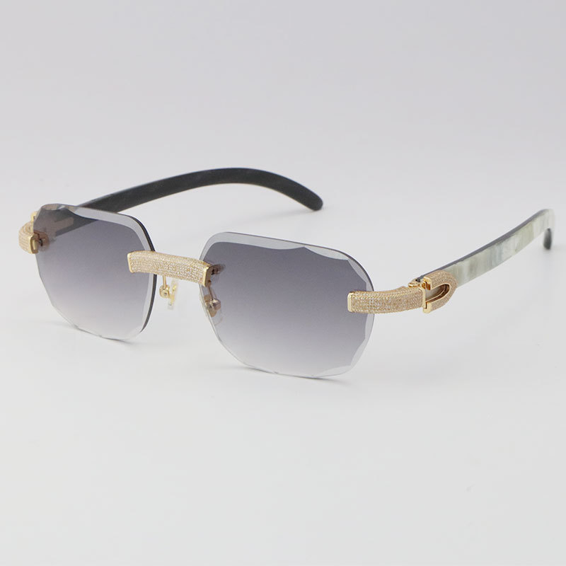 Cartier Diamond Sunglasses 3524012 Rimless White Inside Black Buffalo Horn Sunglasses Designer Diamond cut Lens