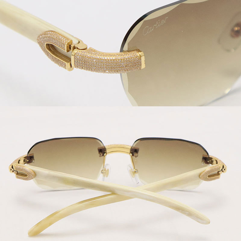 Cartier Diamond Sunglasses White Genuine Natural Horn 3524012 Rimless Designer Diamond cut Lens