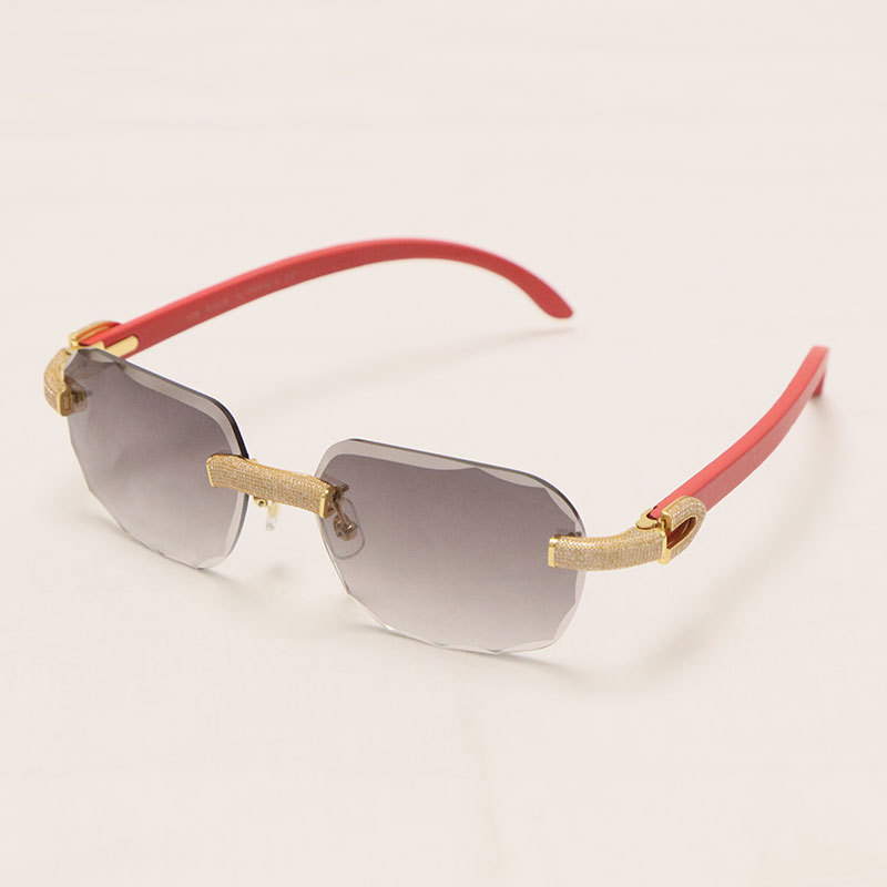 Cartier Diamond Red Wood Sunglasses 3524012 Rimless Designer Diamond cut Lens