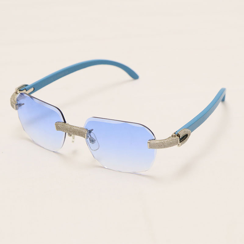 Cartier Diamond Blue Wood Sunglasses 3524012 Rimless Designer Diamond cut Lens