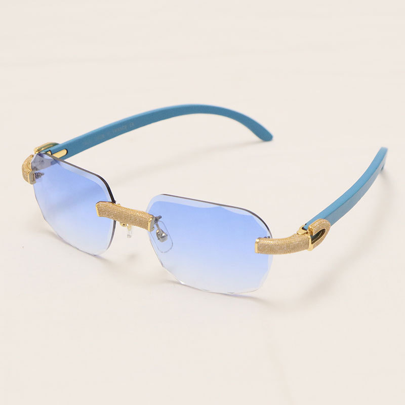 Cartier Diamond Blue Wood Sunglasses 3524012 Rimless Designer Diamond cut Lens