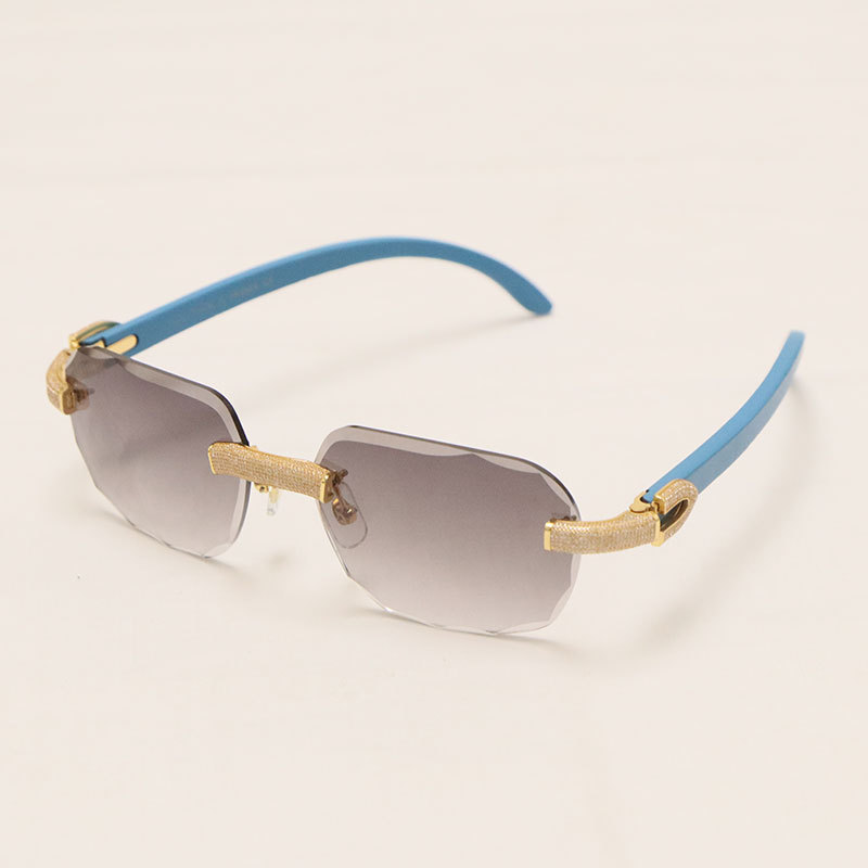 Cartier Diamond Blue Wood Sunglasses 3524012 Rimless Designer Diamond cut Lens