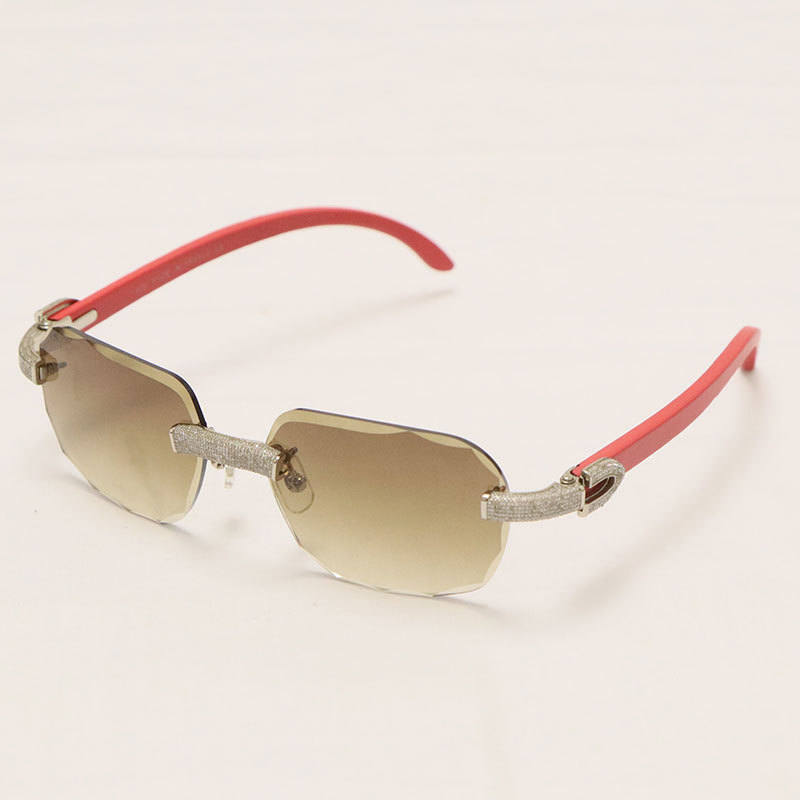 Cartier Diamond Red Wood Sunglasses 3524012 Rimless Designer Diamond cut Lens