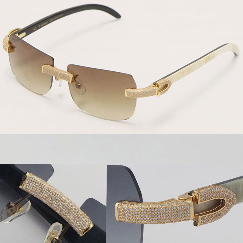 Cartier Luxury Diamond Sunglasses Rimless White Inside Black Buffalo Horn Sun glasses New