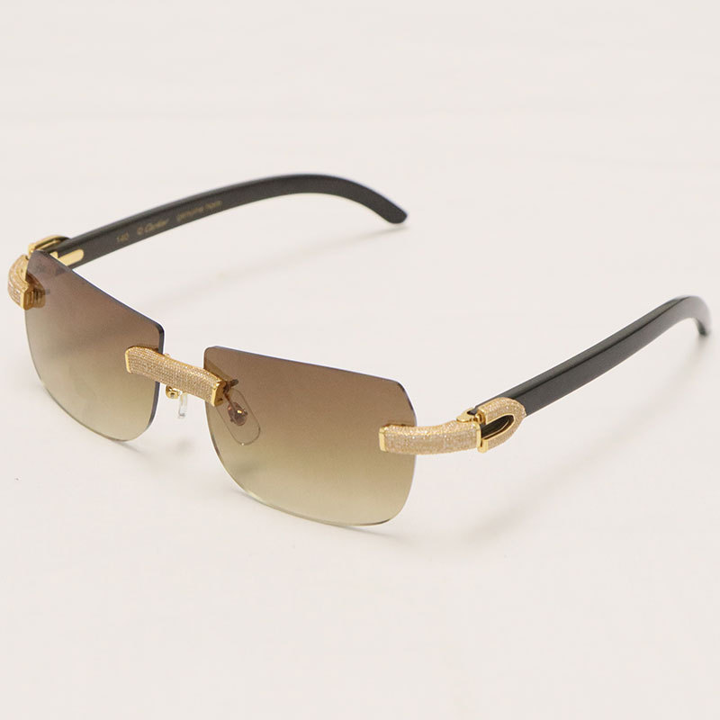 Cartier Luxury Diamond Sunglasses Rimless Original Black Buffalo Horn Sun Glasses New