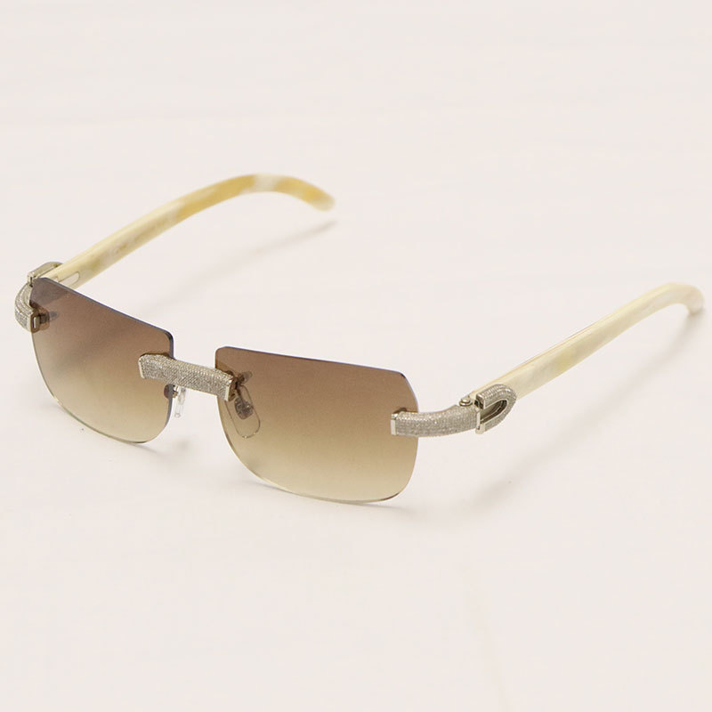 Cartier Luxury Diamond Sunglasses Rimless Original White Genuine Natural Horn Sun Glasses