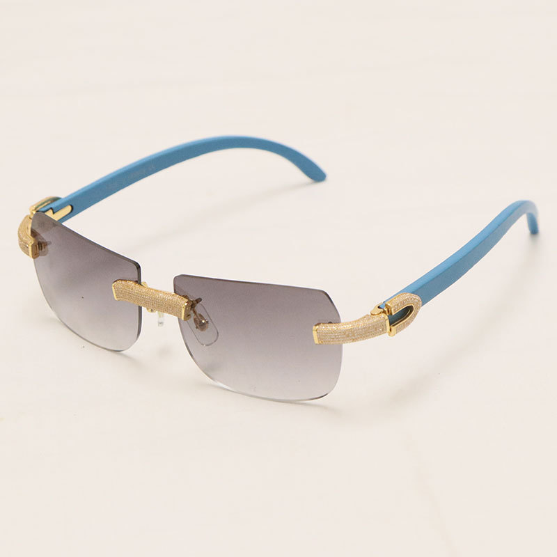 Cartier Luxury Diamond Sunglasses Rimless Original Blue Wood Sun Glasses