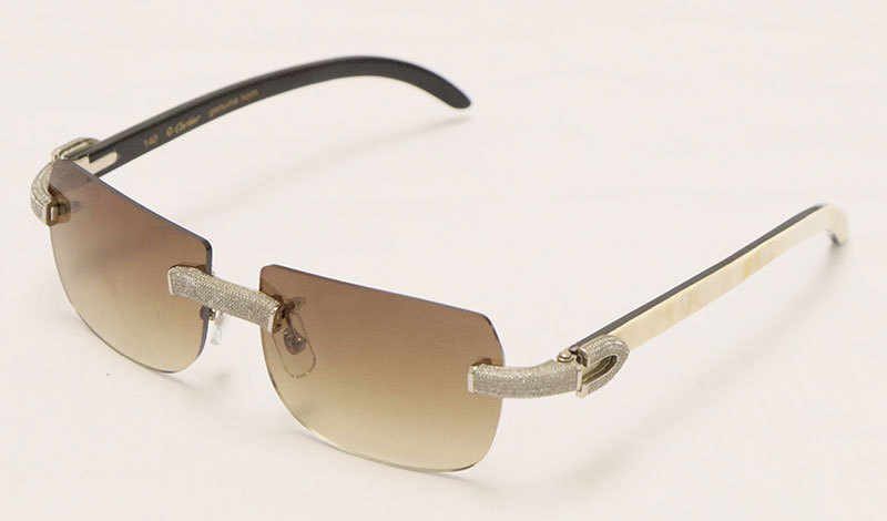 Cartier Luxury Diamond Sunglasses Rimless White Inside Black Buffalo Horn Sun glasses New