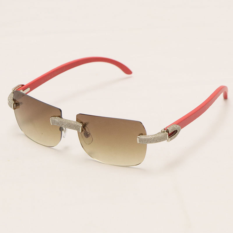 Cartier Luxury Diamond Sunglasses Rimless Original Red Wood Sun Glasses