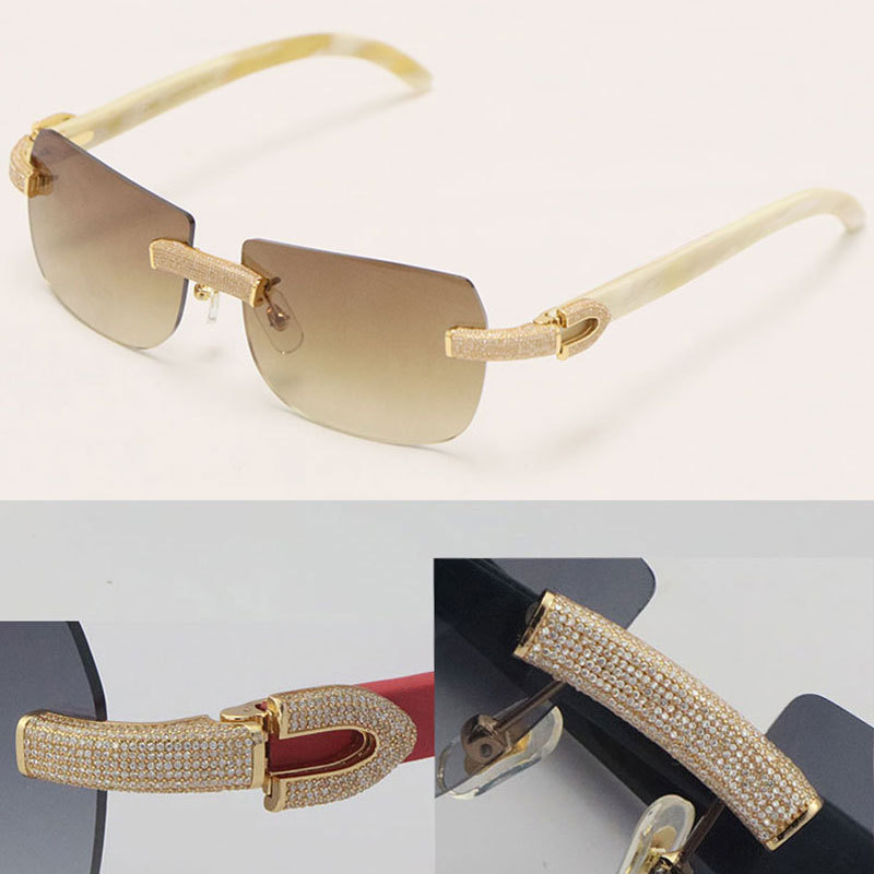 Cartier Luxury Diamond Sunglasses Rimless Original White Genuine Natural Horn Sun Glasses