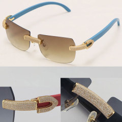 Cartier Luxury Diamond Sunglasses Rimless Original Blue Wood Sun Glasses