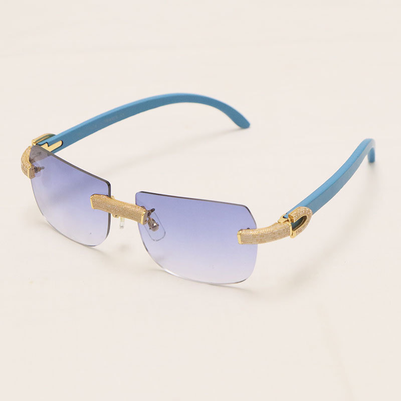 Cartier Luxury Diamond Sunglasses Rimless Original Blue Wood Sun Glasses