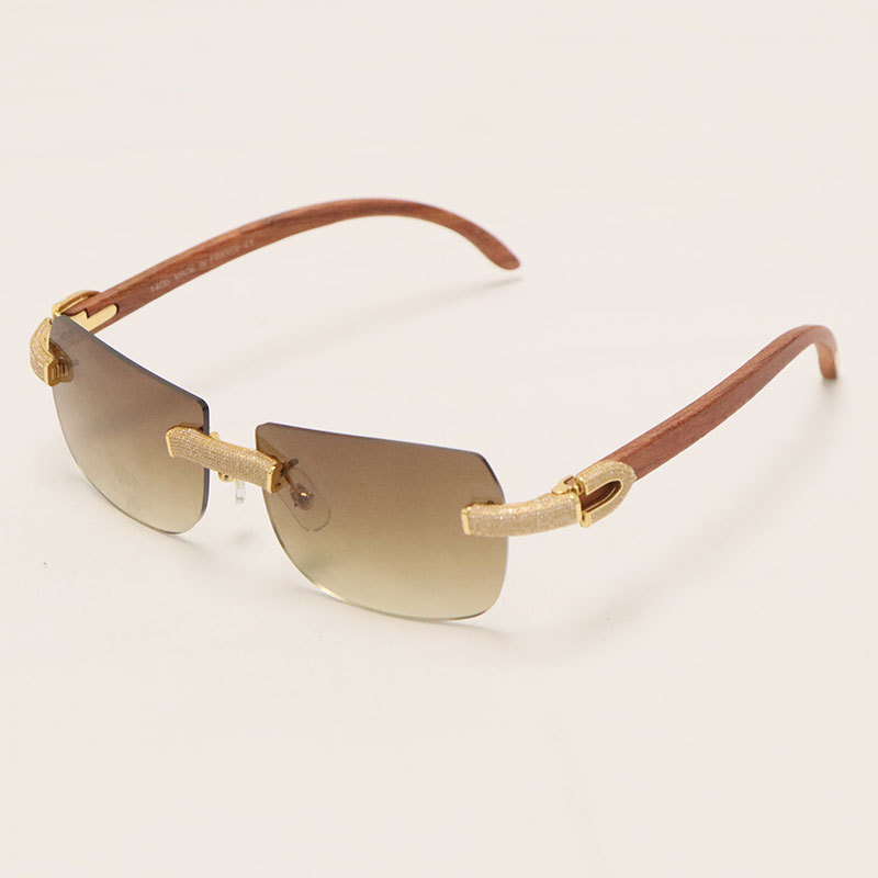 Cartier Luxury Diamond Sunglasses Rimless Original Wood Sun Glasses
