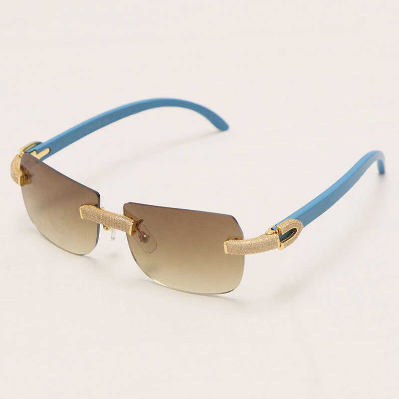 Cartier Luxury Diamond Sunglasses Rimless Original Blue Wood Sun Glasses