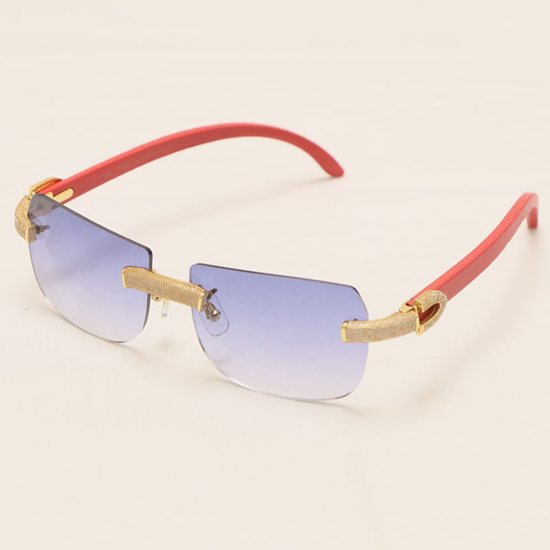 Cartier Luxury Diamond Sunglasses Rimless Original Red Wood Sun Glasses