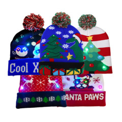 Jacquard Acrylic Funny Winter Pom Pom Knitted Custom Christmas Beanie With LED Lights