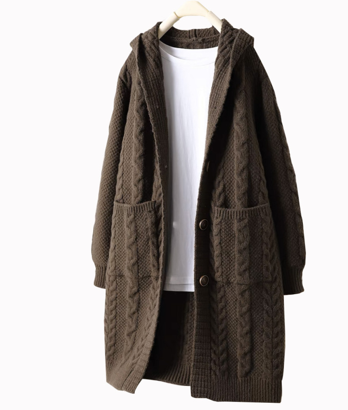 Soft waxy high-grade Fried Dough Twists hooded thickened wool knitting long coat