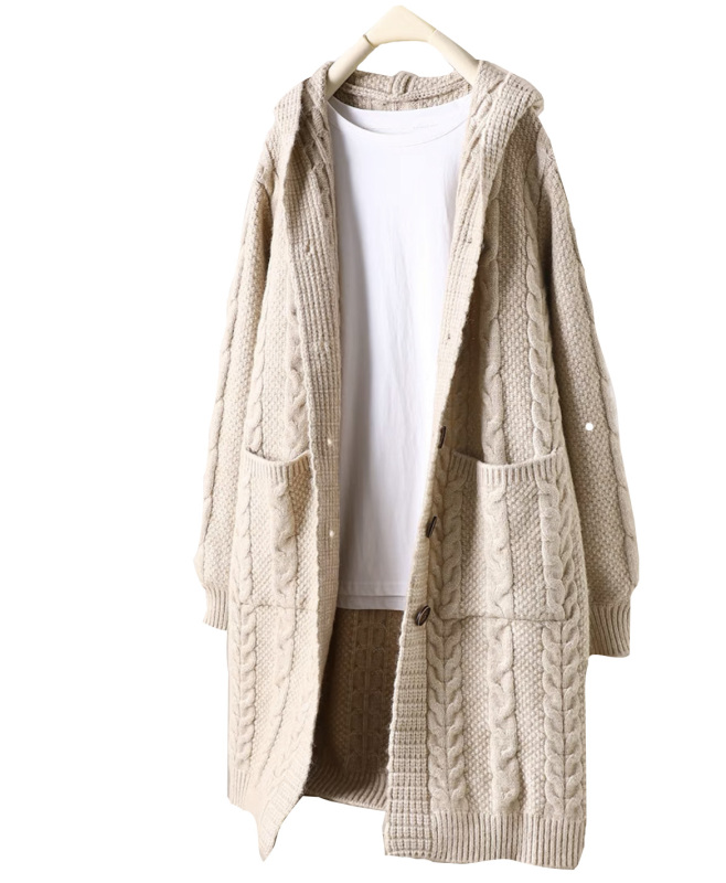 Soft waxy high-grade Fried Dough Twists hooded thickened wool knitting long coat