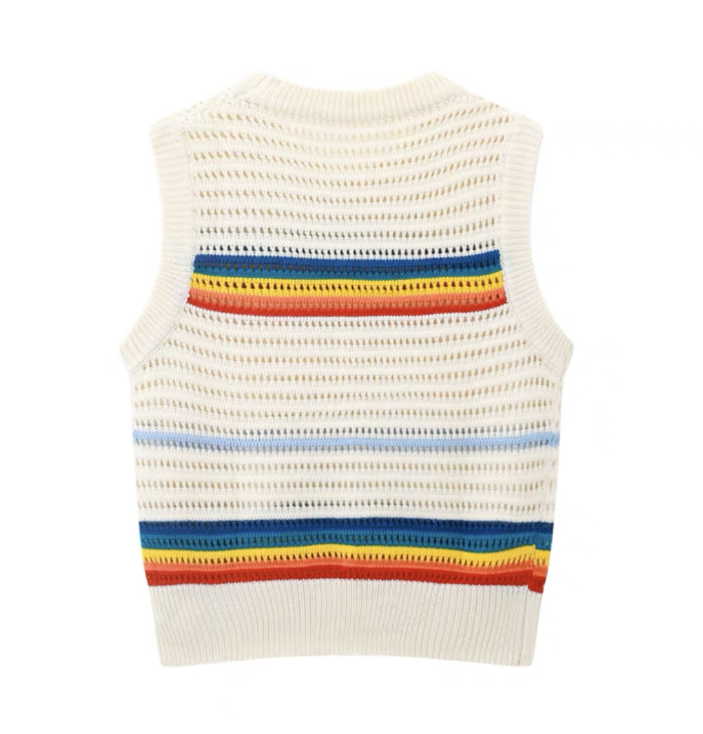 Early autumn vest niche rainbow striped sweater vest hollowed out outerwear top