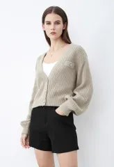 V-neck fake pocket short cardigan sweater short lazy style loose sleeves