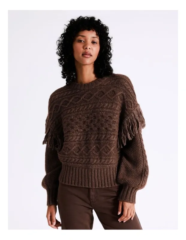 Brown long sleeve fringed knitted pullover top with long sleeves and loose fit