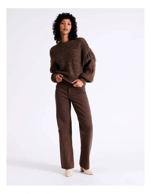 Brown long sleeve fringed knitted pullover top with long sleeves and loose fit